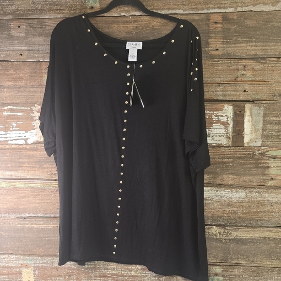 Carmen Marc Valvo Black Top with Gold Studs, Oversized, Plus Size 1X, NWT - Picture 1 of 5